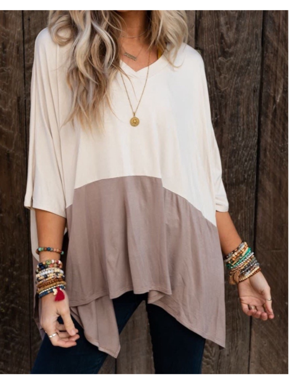 Three Bird Nest XL Colorblock Poncho Top Boho Oversized Batwing Cream Mocha NWT